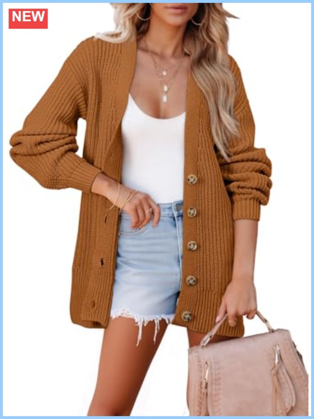Oversized Long Cardigan Sweater Open Front Button Lantern Sleeve Knit Chunky